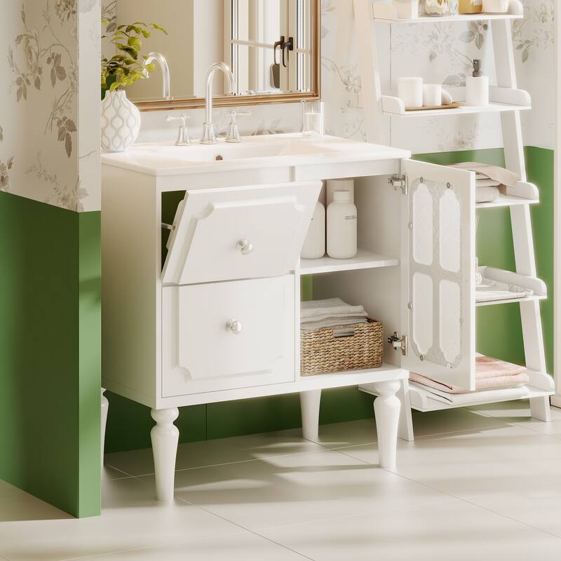 30" Bathroom Vanity with Ceramic Sink Combo, Freestanding Single Vanity with 2 Drawers, Frame Bathroom Storage Cabinet