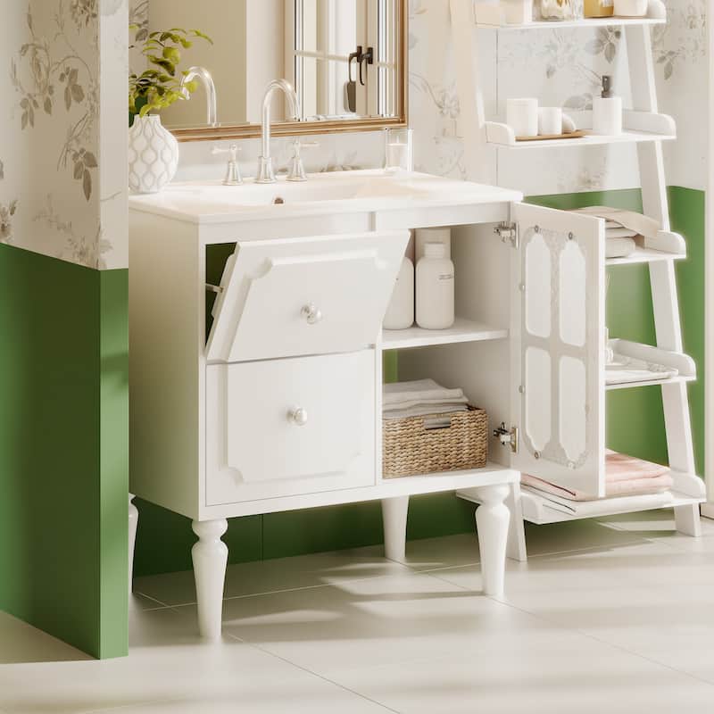 Retro Style 30'' Bathroom Vanity with Ceramic Sink Combo, Freestanding Single Vanity with 2 Drawers