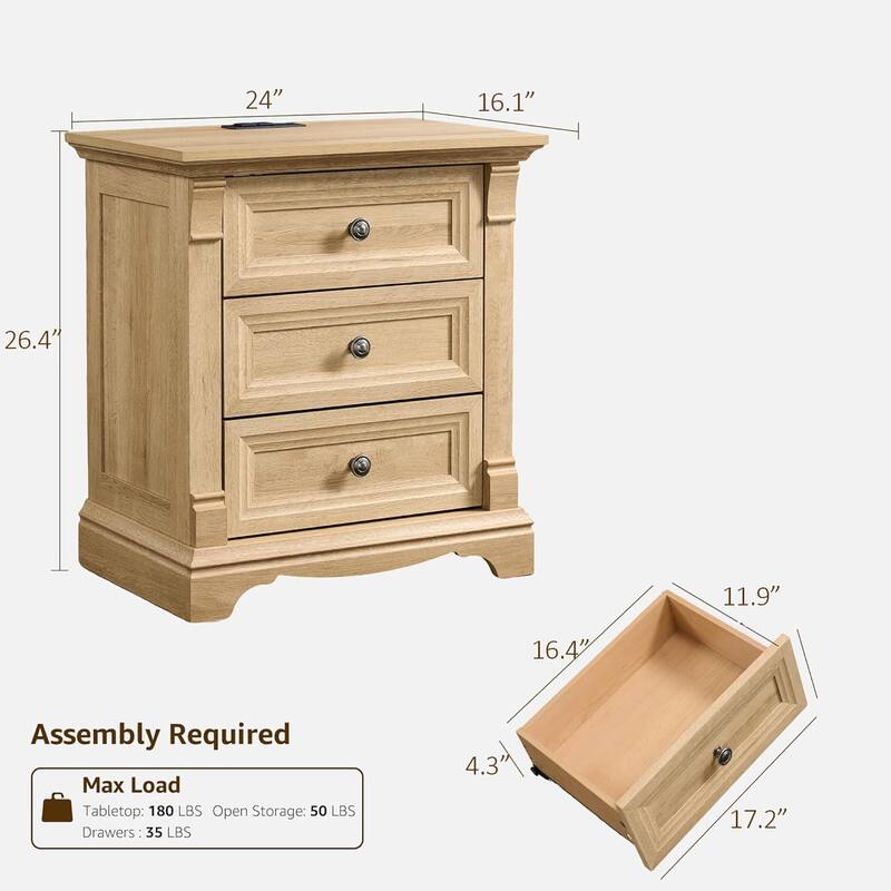 Farmhouse 3 Drawers Nightstand with Charging Station, Rustic End Table