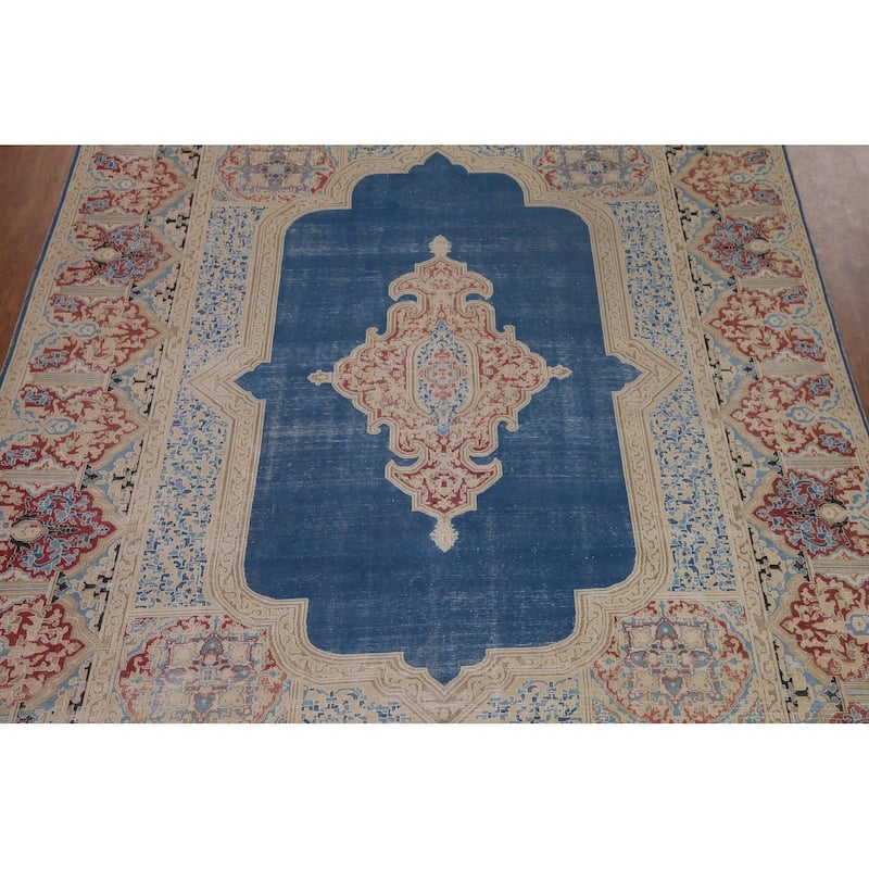 Blue Distressed Kerman Persian Vintage Area Rug Handmade Wool Carpet - 9'3" x 11'10"