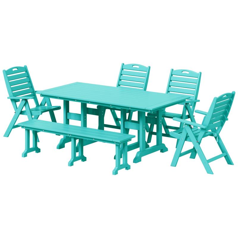 Laguna 6-Piece Patio Dining Set With Reclinable Armchairs and Bench - Turquoise