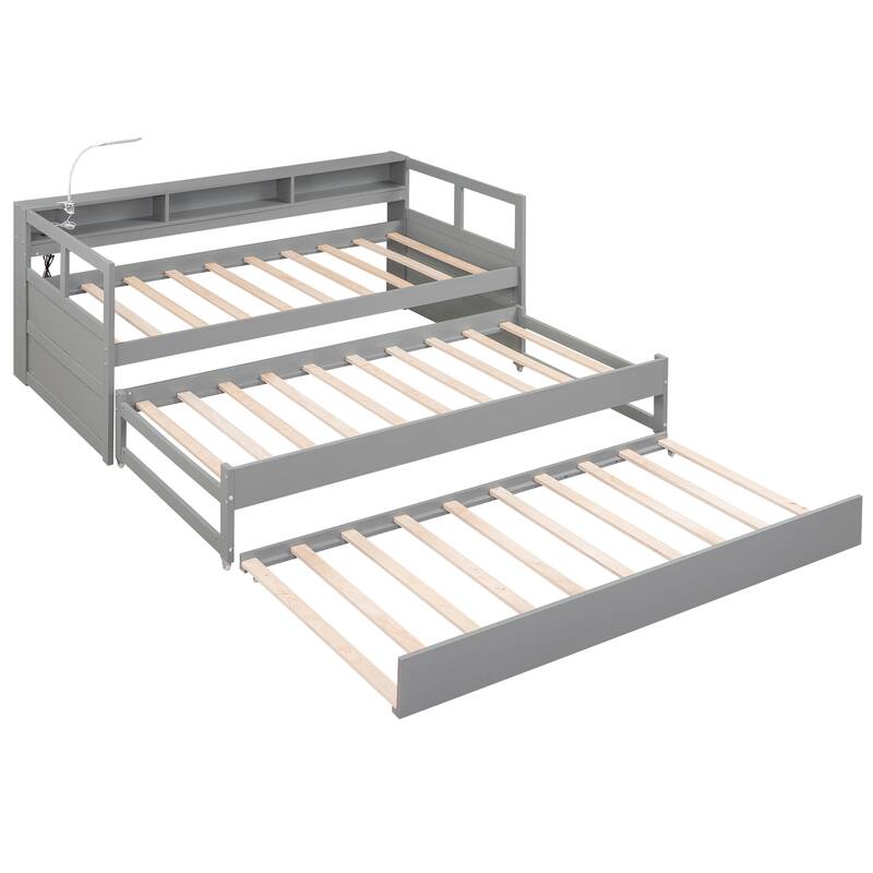 Twin XL Solid Wood Daybed with 2 Trundles, 3 Storage Cubbies, 1 Light and USB Charging Design for Bedroom, Apartment