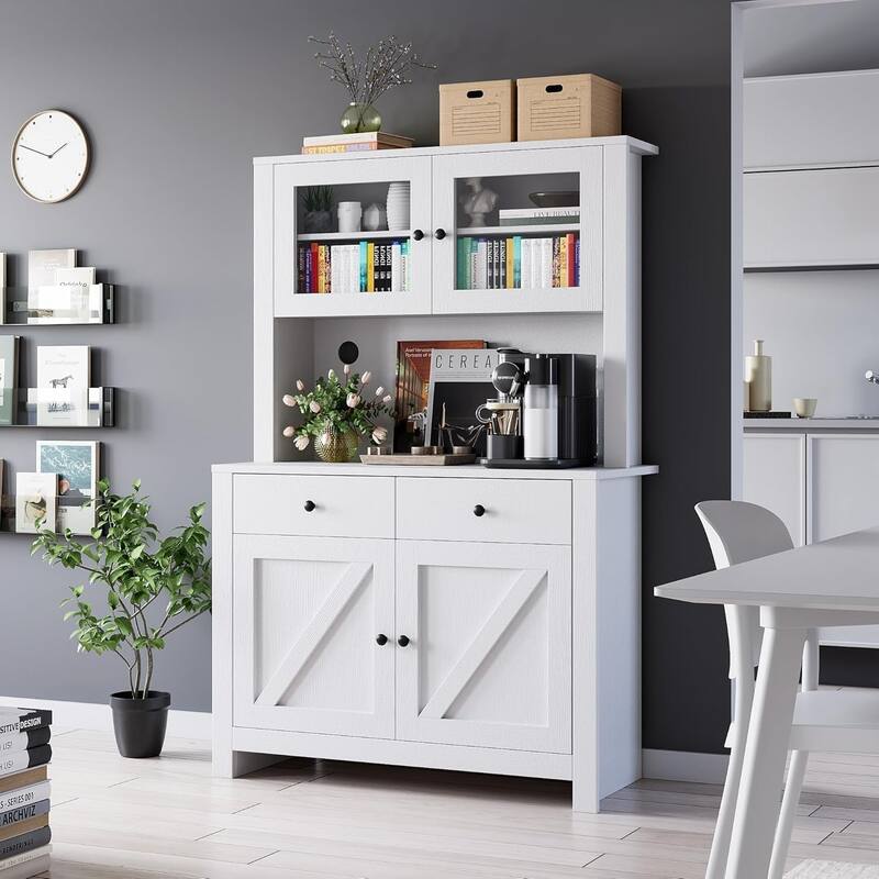 Kitchen Pantry Storage Cabinet, Freestanding Hutch Cabinet with Buffet Cupboard, Tall Storage Cabinets - White