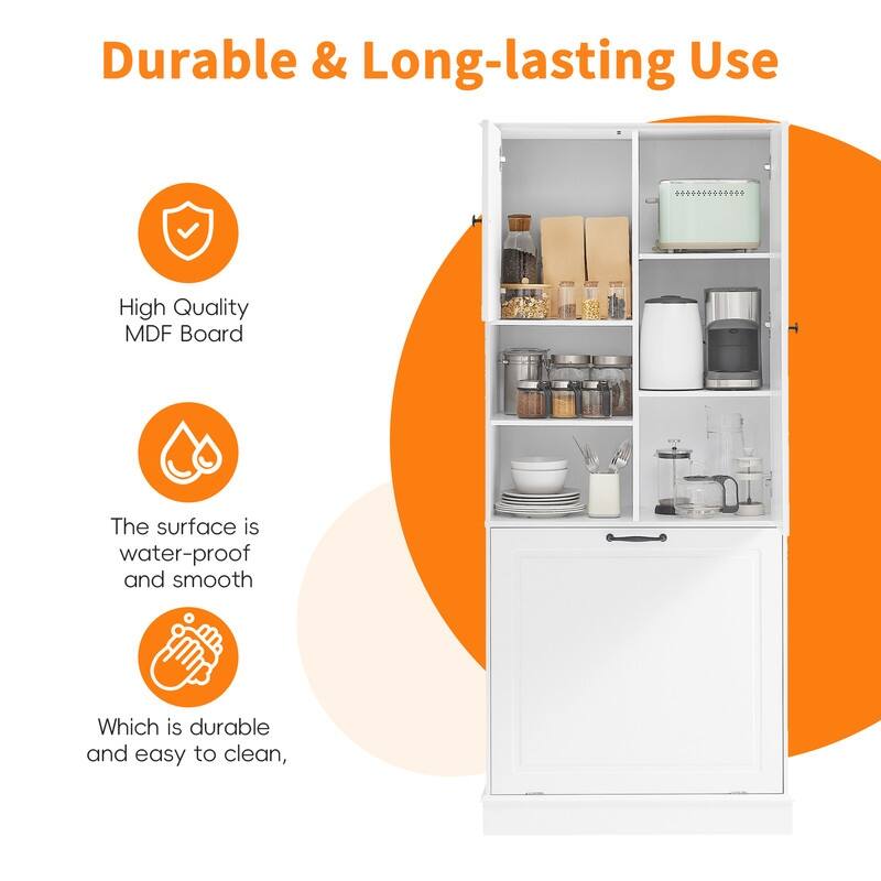 Tall Storage Cabinet with Adjustable Shelves, Large Flip-Out Basket & Enclosed Cabinets