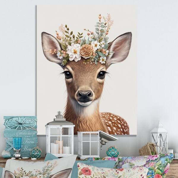 slide 2 of 8, Designart 'Cute Baby Deer With Floral Crown I' Animals Canvas Wall Art