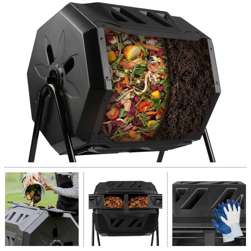 Compost Tumbler - 43Gal Compost Bin with Dual Chambers, 360-Degree Rotating Design, and Garden Gloves Included by Pure Garden