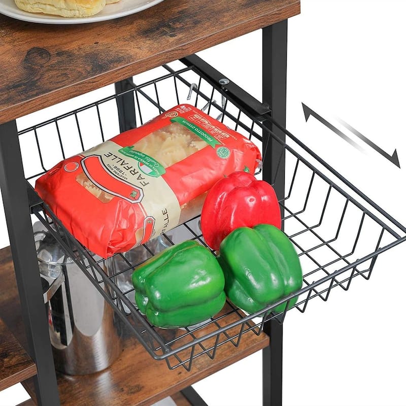 Rustic Brown Baker’s Rack Kitchen Shelf with wire Basket and 6 S-Hooks Perfect for Microwave or Oven - 35.4"L x 15.7"W x 52"H