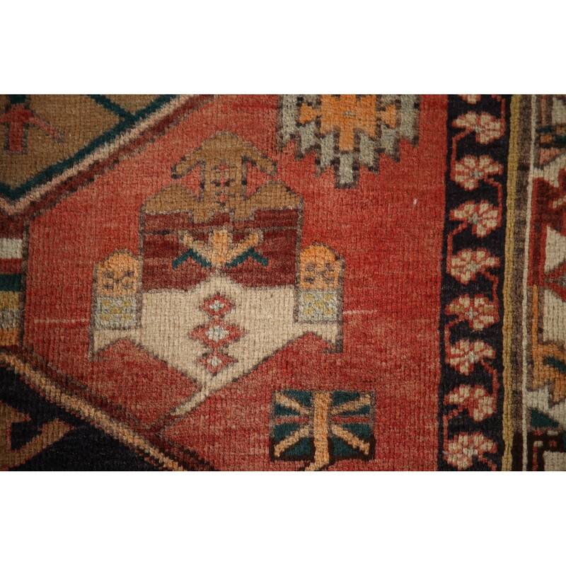 Geometric Red Heriz Persian Vintage Runner Rug Handmade Wool Carpet - 3'9"x 11'1"