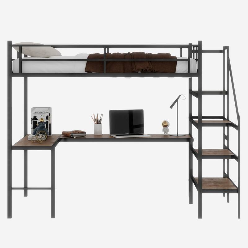 GDFStudio - Iron Loft Bed with L-Shaped Desk & Storage Stairs