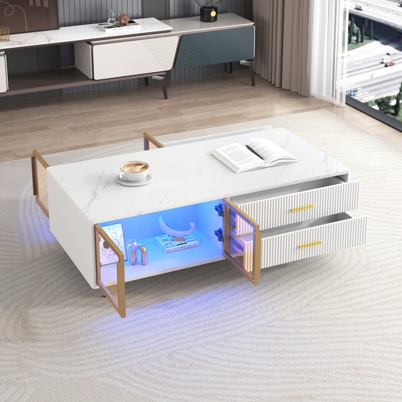 Roomfitters Modern White Coffee Table with Glass Door Storage, 4 Drawers, Gold Accents, Rectangular Center Table 47.2"