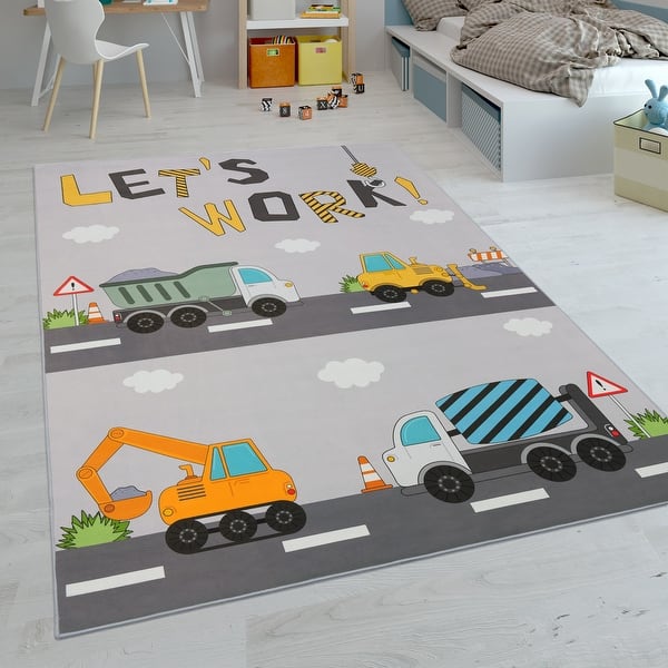 slide 2 of 8, Kids Rug for Nursery Construction Road Play Mat with Cranes and Trucks 2'8" x 4'11"