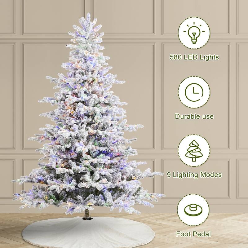 Glitzhome 7.5ft/9ft Pre-Lit Flocked Full Fir Artificial Christmas Trees with Foot Pedal
