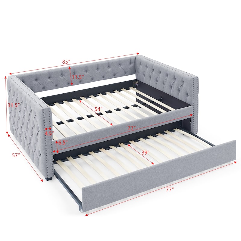 Full Size Daybed with Twin Trundle Sofa Bed, with Button and Copper Nail on Square Arms, Grey