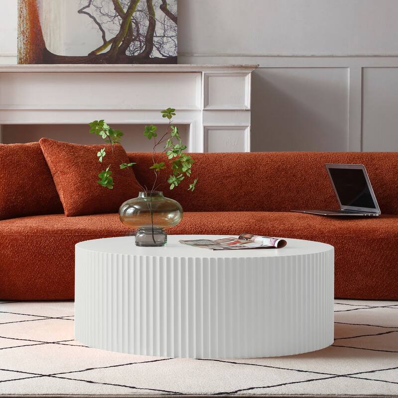 GDF Studio - Barrister Contemporary Round Coffee Table with Handcrafted Relief Detail - White