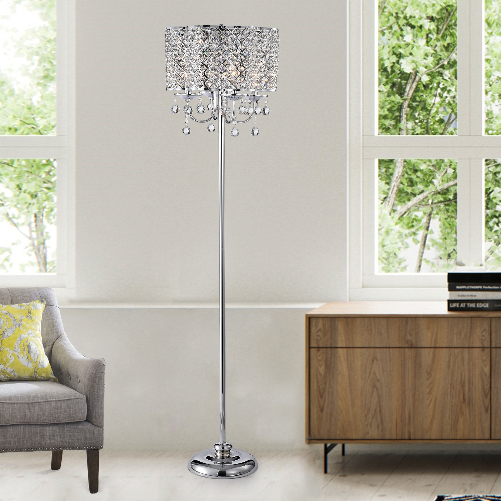 Warehouse of Tiffany Ernest Chrome 4-Light Crystal Drum Shade Floor Lamp