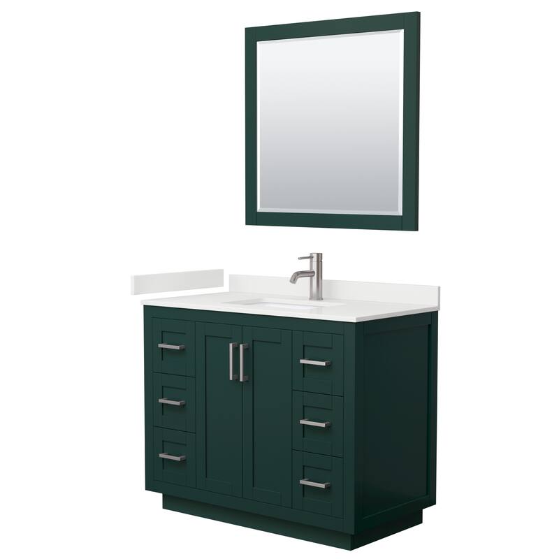 Miranda 42-inch Single Vanity, Quartz Top, 34-inch Mirror - Green, Nickel Trim, White Quartz Top