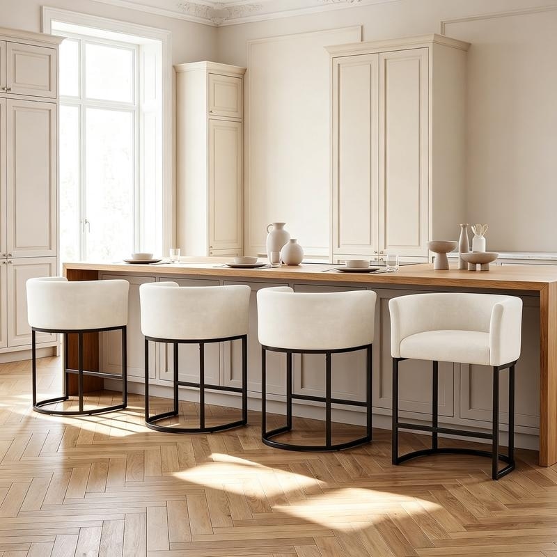 26 inch Barrel Upholstered Counter Height Bar Stools, Chenille Counter Stools with Curved Back - 26" H