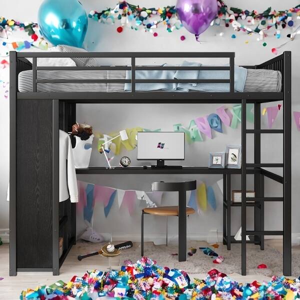 slide 2 of 11, Black Full XL Loft Bed with Desk,Wardrobe and Storage Black