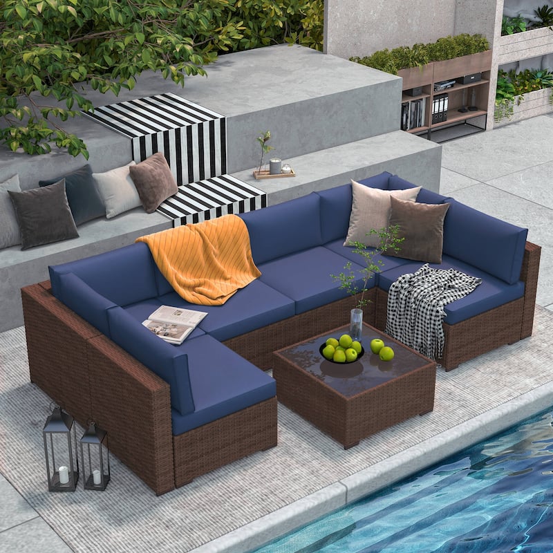 Wicker/ Steel 7-piece Outdoor Cushioned Sectional Sofa Set - Brown/Blue