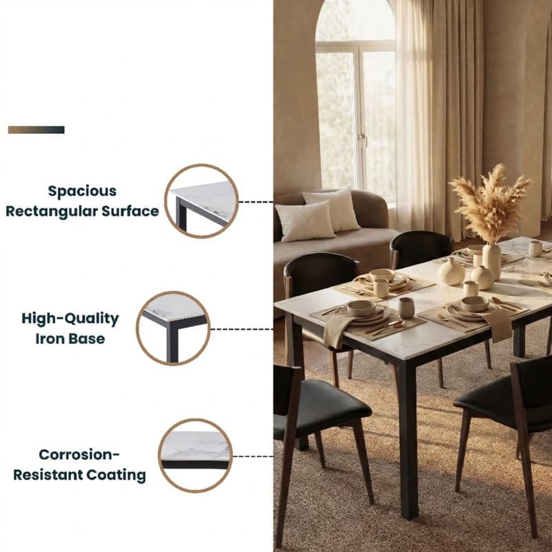 Mina Modern Sintered Stone Rectangular Kitchen Dining Table - Scratch Resistant with Heavy Duty Iron Base - Seats 4-8 People
