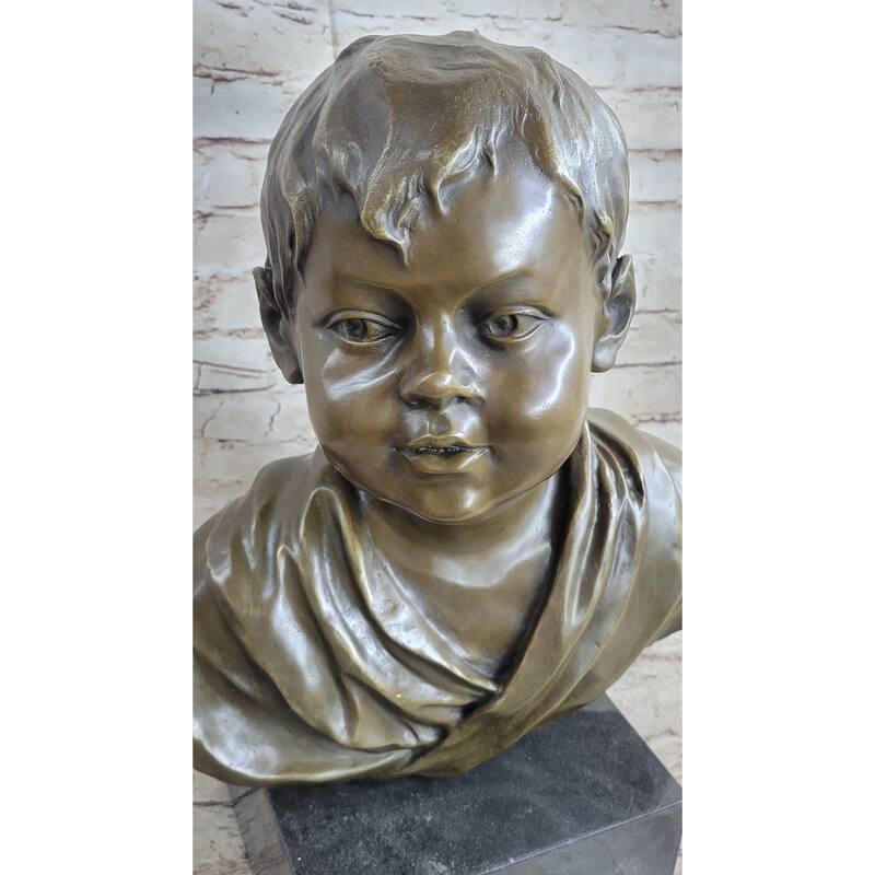 Bronze Metal Bust Statue Sculpture Of Young Boy Child On Marble Base Signed Original Art