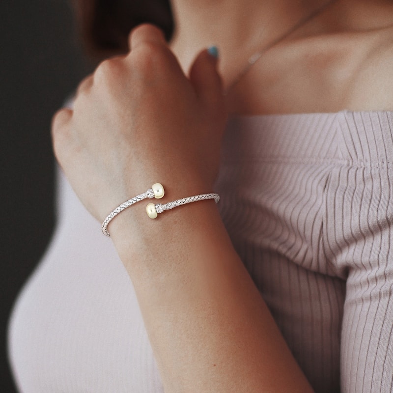 Miadora 7-7.5mm Cultured Freshwater Pearl 1/10ct TGW Cubic Zirconia Bangle in Sterling Silver-8 in