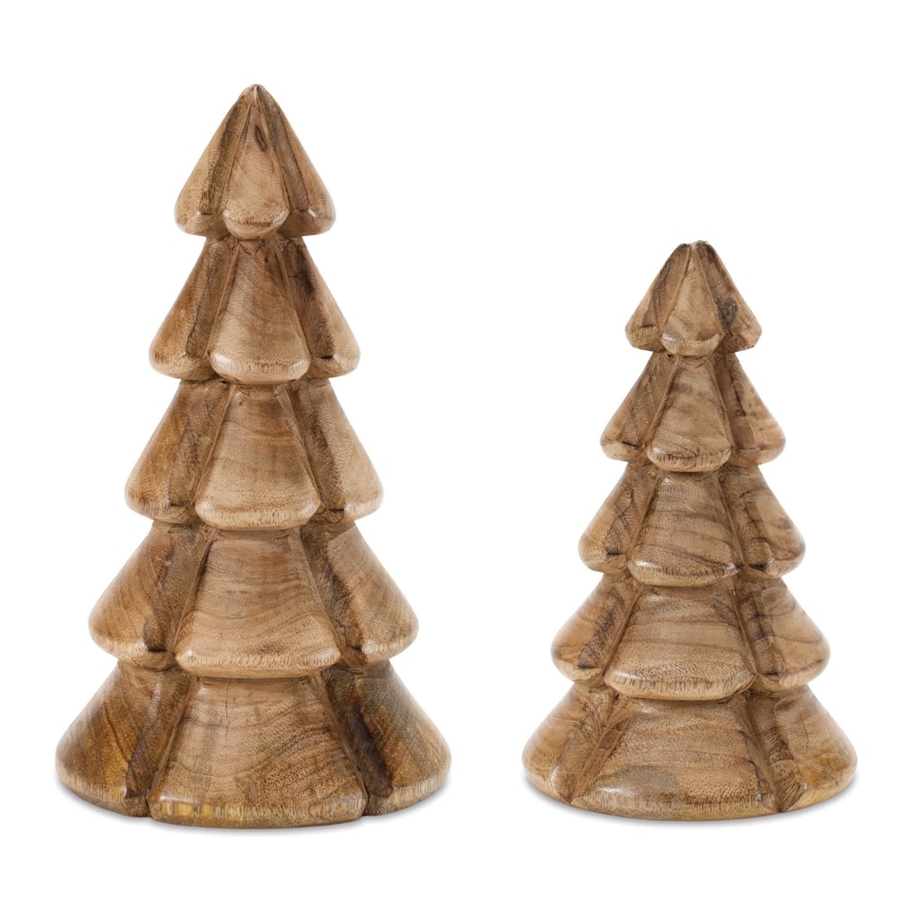 Set of 2 Modern Mango Wood Pine Trees Handcrafted Indoor Holiday Décor with Natural Wood Grain Finish