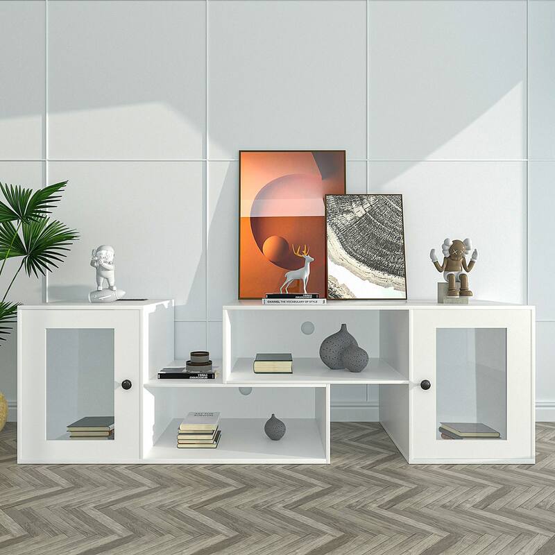VECELO TV Stand with LED Lights & Power Outlets, Storage Shelves - 55 inches