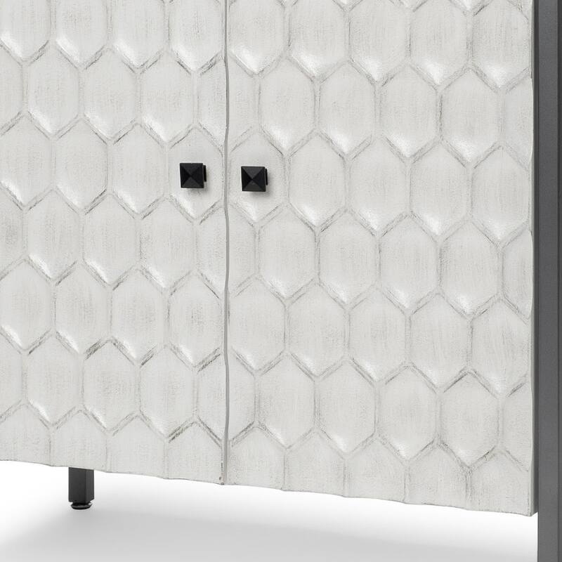 HomeRoots 32" White and Gray Wood and Metal Carved Geometric Accent Cabinet With Two Doors