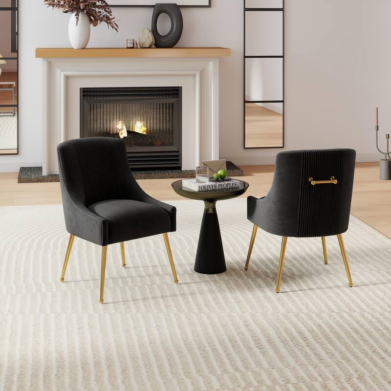 SEYNAR Modern Glam Boucle Pleated Velvet Dining Chair or Vanity Chair Set of 2 with Rear Handle - Black