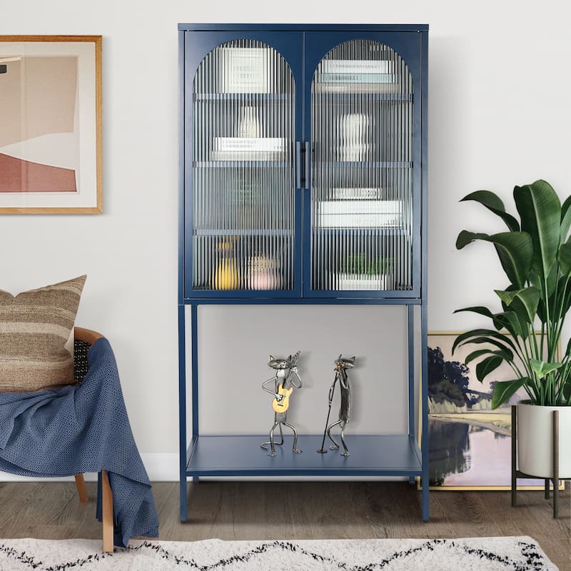 Adjustable Shelves Cabinet with 2 Glass Arched Doors - Blue