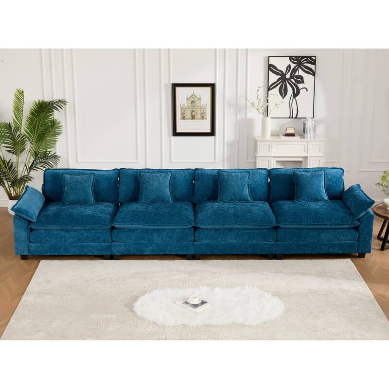 4 Seater Sectional Sofa Chenille Modular Deep Seat Couch with Armrest Pillows and Double Layer Seat Cushions for Living Room
