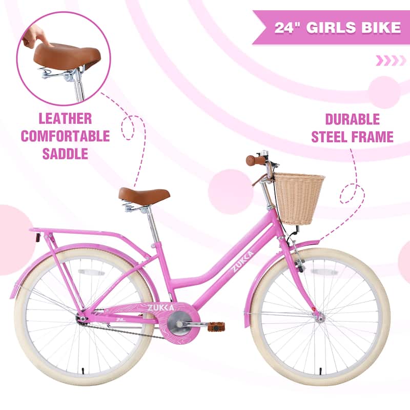 24 inch Outdoor Comfort Single Speed Bike, Steel Frame Road Cycling Bicycle w/Adjustable Genuine Leather Saddle for Kids & Teens