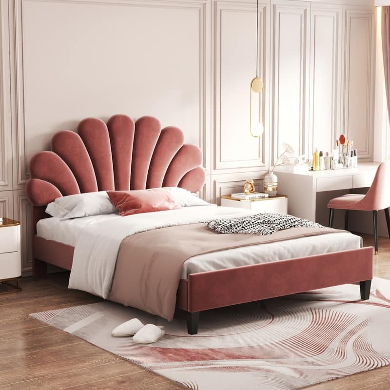Full Size Velvet Upholstered Platform Bed w/Flower Pattern Headboard