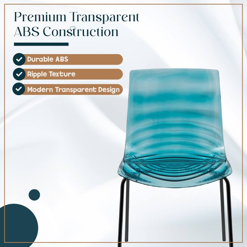 Astor Modern Minimalist Transparent Dining Chair with Black Metal Legs and Ripple Design Accent Side Chair for Indoor & Outdoor