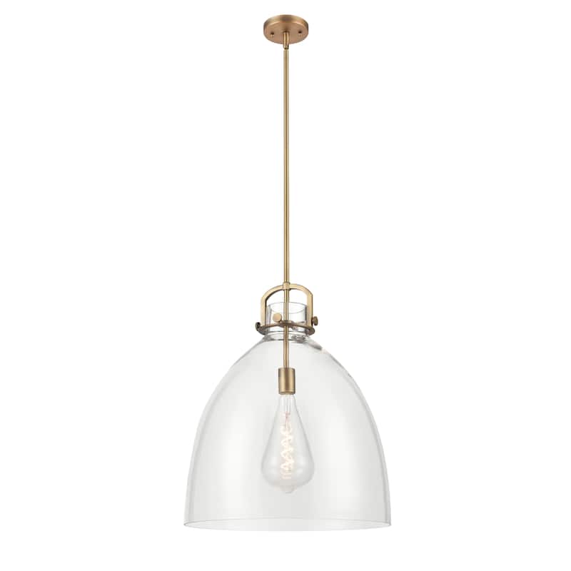 Innovations Lighting Newton Bell - 1 Light 18" Stem Hung Pendant - Clear/Brushed Brass