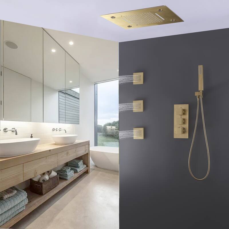 Ceiling LED 4-Way 3-Jet Complete Rain and Waterfall Shower System With Rough-in Valve