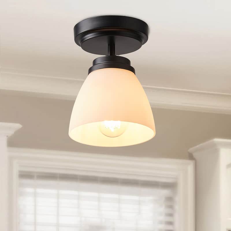 Modern 1-Light Opal Glass Dimmable Semi-Flush Mount Lamp - Black/White
