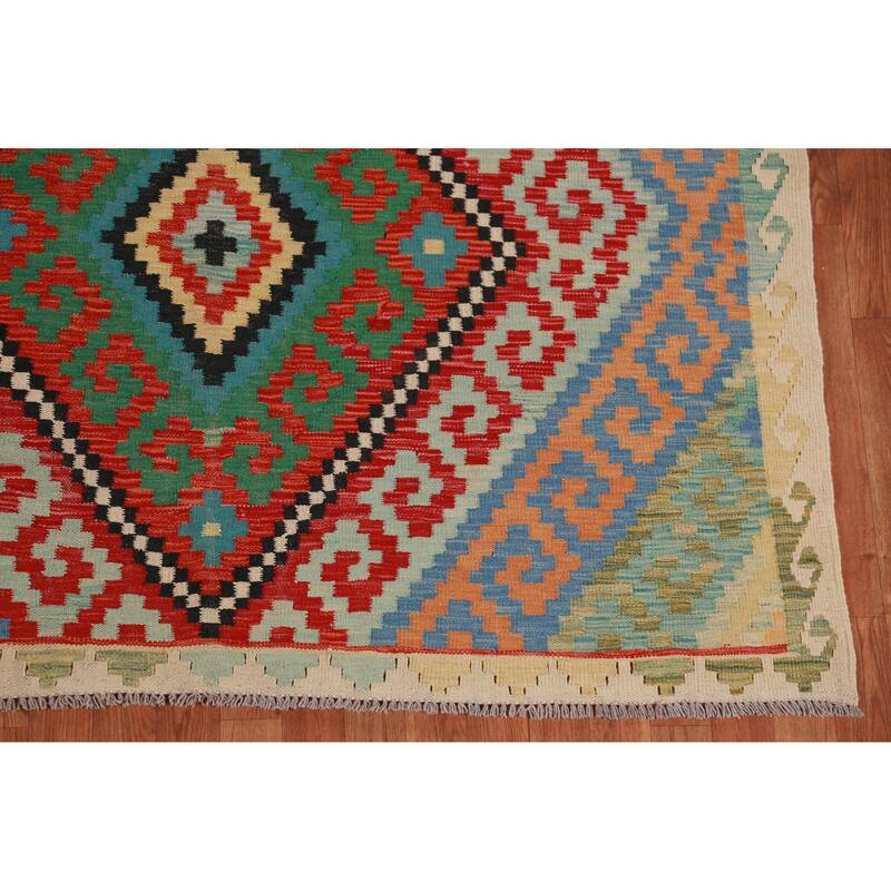 Hand Woven Oriental 100% Wool Carpet Southwestern Geometric Multi-Colored Kilim Area Rug - 8' 2'' X 6' 0''
