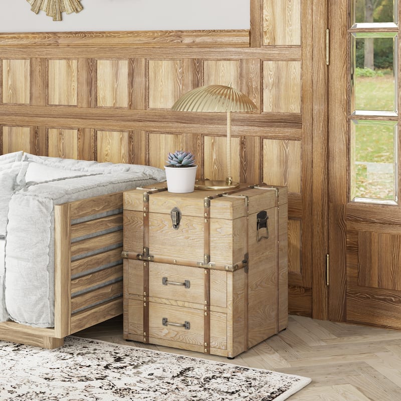 COZAYH Vintage Nightstand with Buckle Hinged Top, Linen Accent End Side Table for Living Room, Rectangle, Grey - Natural