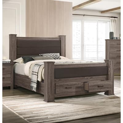 Upholstered Bed With Drawers In Weathered Grey