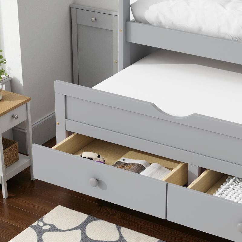 Twin Size Bed with Headboard, Footboard, Trundle, and Three Storage Drawers, Solid Pine Wood Twin Bed Frame with Storage