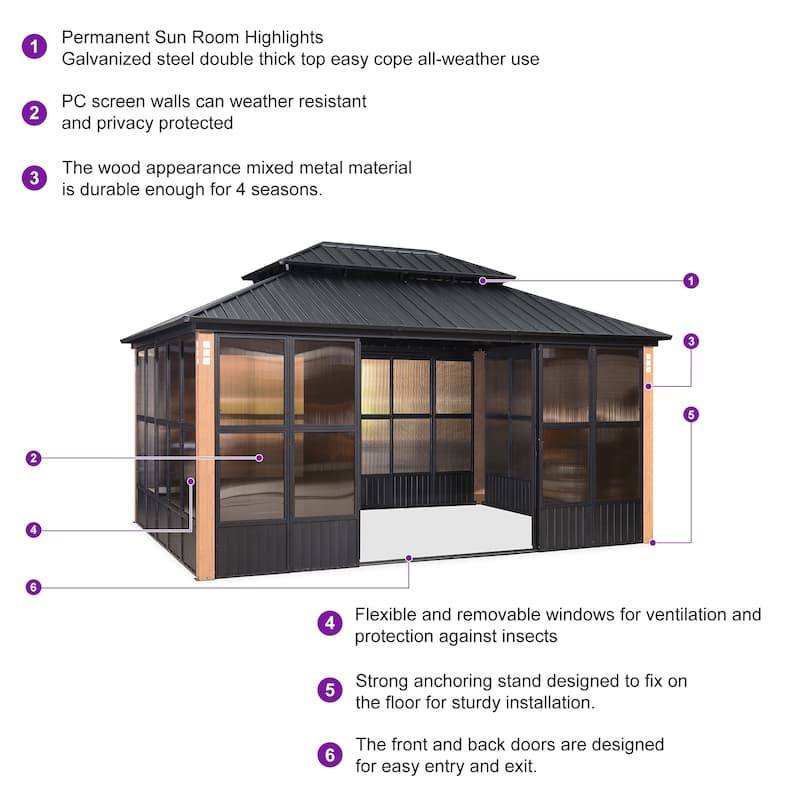 PURPLE LEAF Double Top Outdoor Sunroom Screen House Patio Hardtop Gazebo