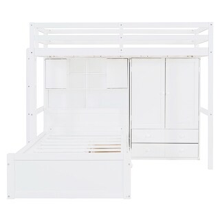 Twin Bunk Storage Bed w/ Drawers, Wardrobe, Storage Shelves & Hydraulic Bed, Loft Platform Bed Frame Wood Daybed Bed, White