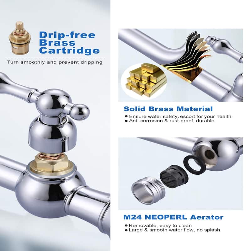 WOWOW 2-Handle Deck Mount Pot Filler Kitchen Faucet with Dual Swing Joints Design