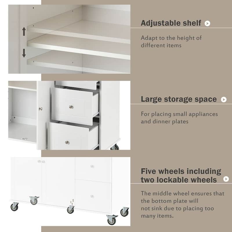 52.7 "W Folding Multifunctional Lockable Wheel Kitchen Cart with 2 Doors and 3 Drawers