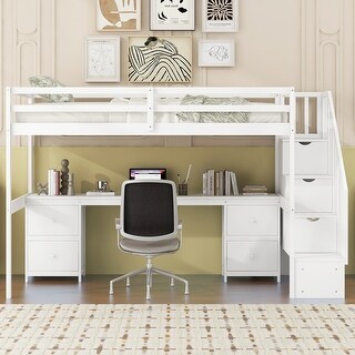 Wood Twin Loft Bed with Desk & Drawers, Staircase & Guardrails, White