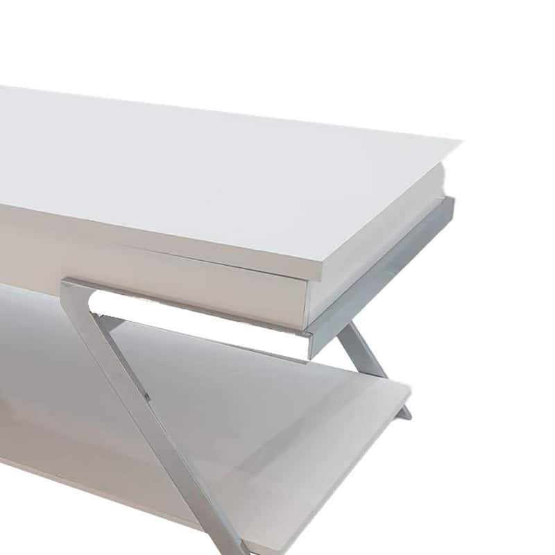 Casey 47 Inch Lift Top Coffee Table, Chrome Metal Frame, Glossy White Top