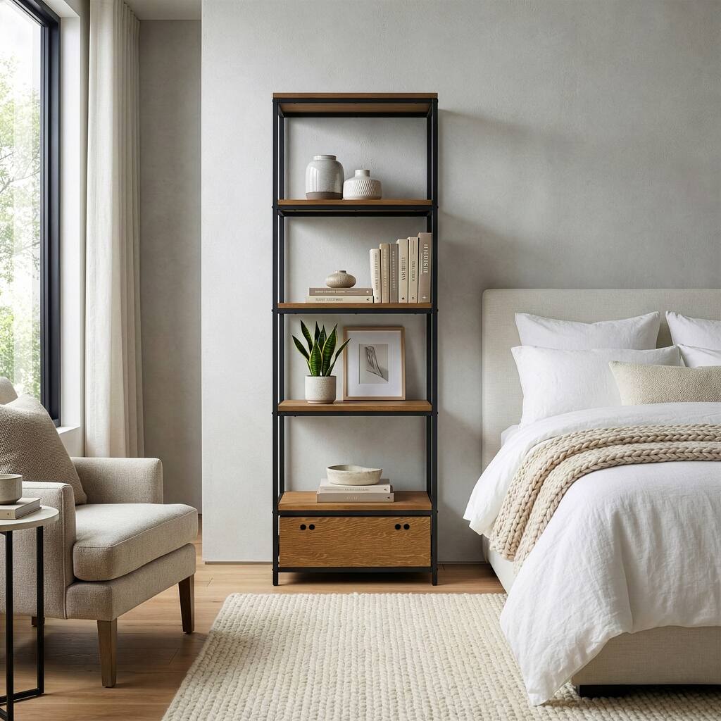 Amy Brown Wood and Metal Etagere Bookcase with Drawer