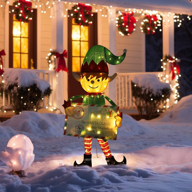 VEIKOUS 4.8FT Lighted Christmas Postman Elf Sign, LED Santa's Mailbox Display with 100 Warm White Lights